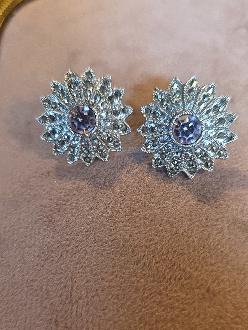 Vintage 1928 Jewelry Co Marcasite & Pink Rhinestone Sunflower Stud Earrings